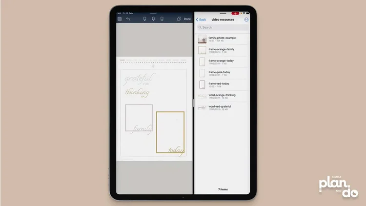 simplyplananddo.com - video tutorial and step-by-step - split-screen Noteshelf with your photos or cloud storage to view your photos, stickers and digital journal.