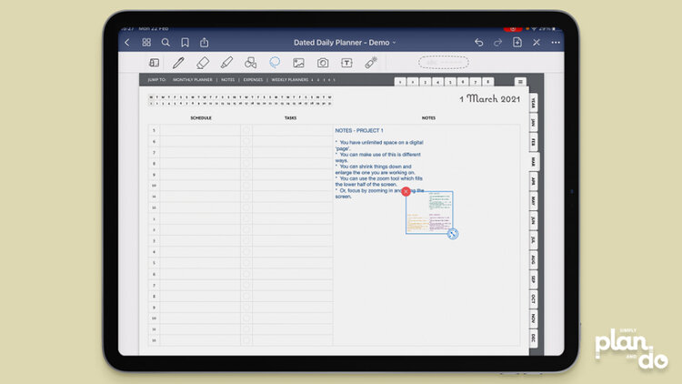 simplyplananddo.com - video tutorial and step-by-step - 8 ways to speed up your workflow in GoodNotes - use zoom and resize to focus and get the most out of the space.