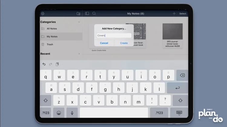 simplyplananddo.com - video tutorial and step-by-step - how to create categories and folders in the Noteshelf app - adding and renaming a folder.