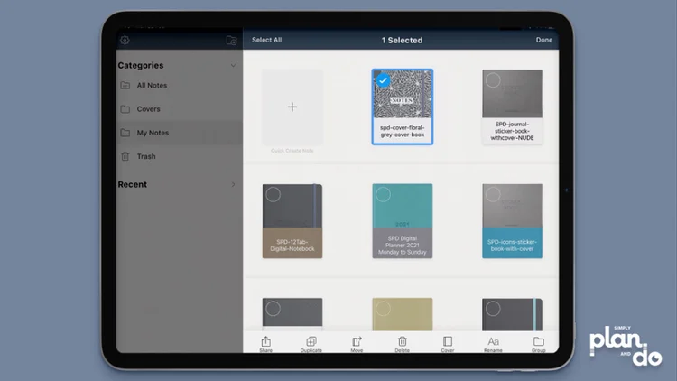 simplyplananddo.com - video tutorial and step-by-step - how to create categories and folders in the Noteshelf app - select files you want to move.