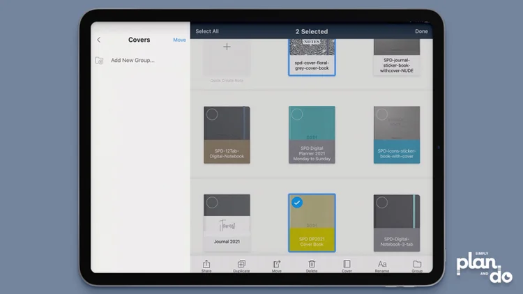 simplyplananddo.com - video tutorial and step-by-step - how to create categories and folders in the Noteshelf app - tap move in blue to confirm the change.