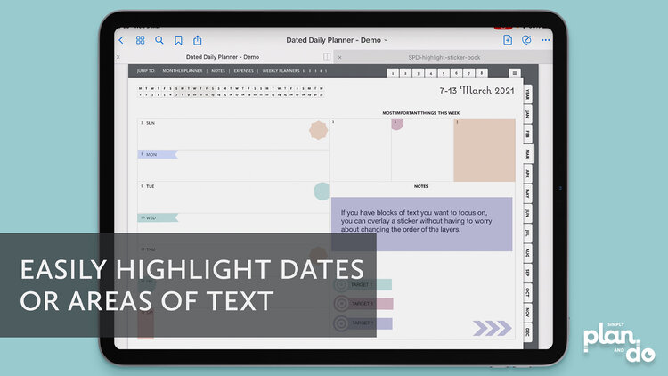 simplyplananddo.com - video tutorial - easily highlight dates of areas of text, as the highlight sticker doesn’t obscure anything.