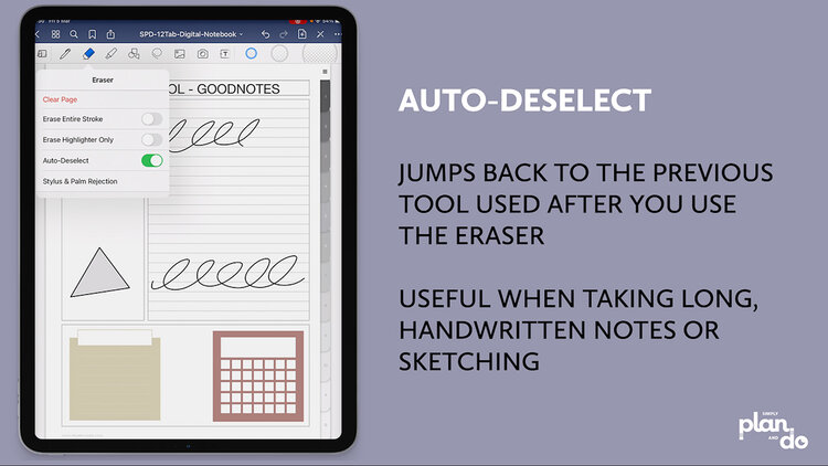 simplyplananddo.com - video tutorial - Tool Savvy - all about the Eraser Tool in GoodNotes 5 - auto-deselect.