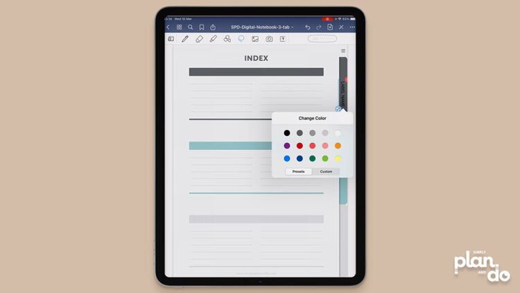 simplyplananddo.com - video tutorial and step-by-step - how to quickly add labels to tabs in digital notebooks - change the colour by tapping and holding on the new label.