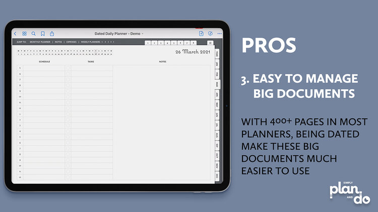 simplyplananddo.com - the pros and cons of using a dated digital planner - easy to manage big documents.