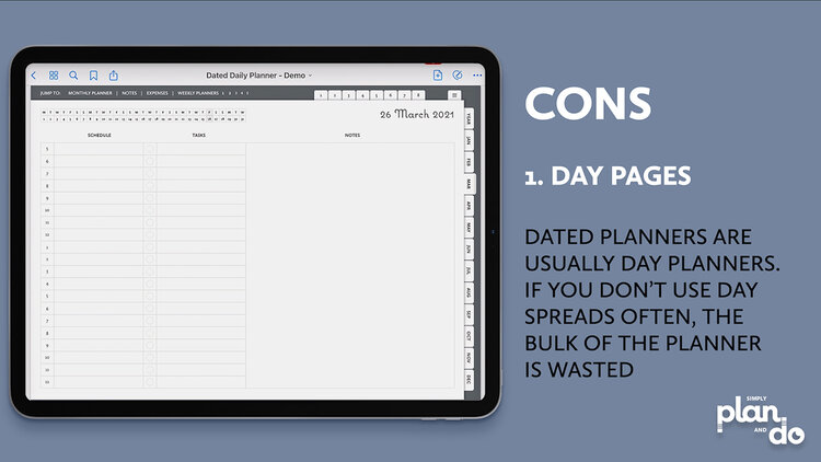 simplyplananddo.com - the pros and cons of using a dated digital planner - day pages dominate.