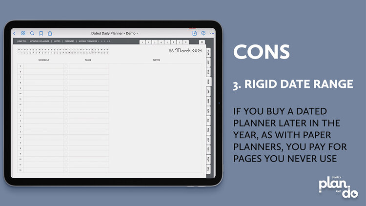 simplyplananddo.com - the pros and cons of using a dated digital planner - rigid date range.