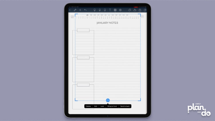 simplyplananddo.com - video tutorial and step-by-step - how to combine page templates (png files) in Noteshelf to create new ones suited to your needs - adding lines to a page of boxes.