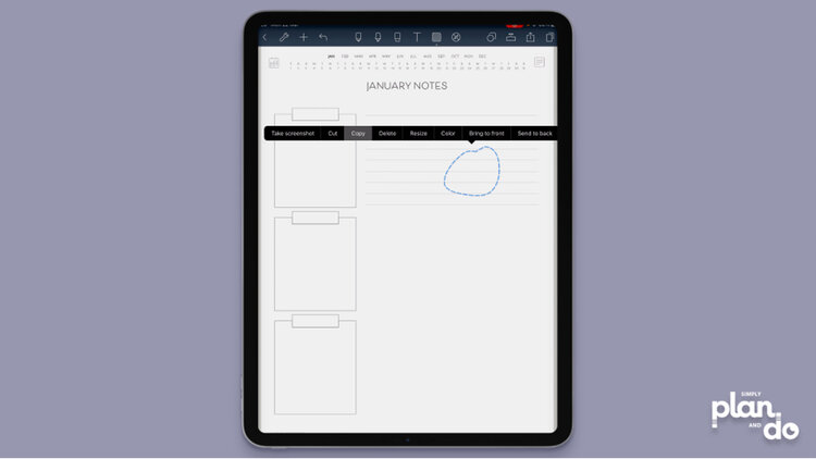 simplyplananddo.com - video tutorial and step-by-step - how to combine page templates (png files) in Noteshelf to create new ones suited to your needs - copying newly resized page template.
