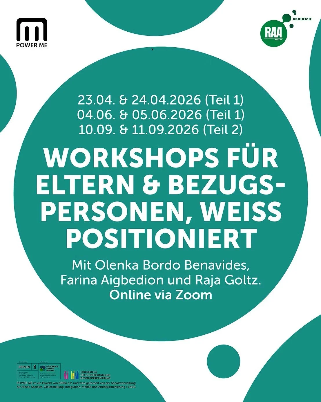 POWER ME &amp; RAA Akademie WORKSHOPS FÜR ELTERN &amp; BEZUGSPERSONEN, WEISS POSITIONIERT I April, Juni und September 2026