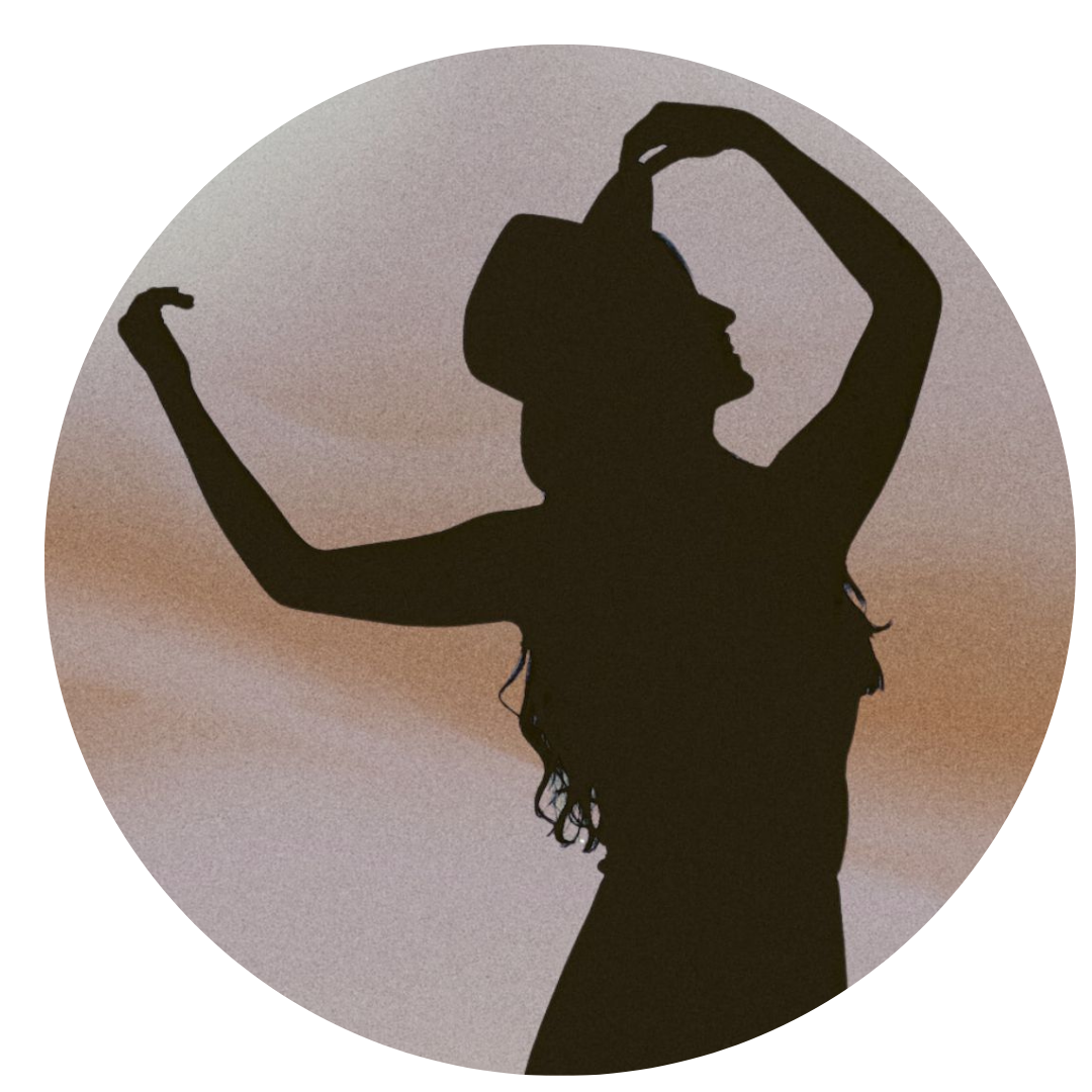Woman's silhouette with hat under a starry twilight gradient.