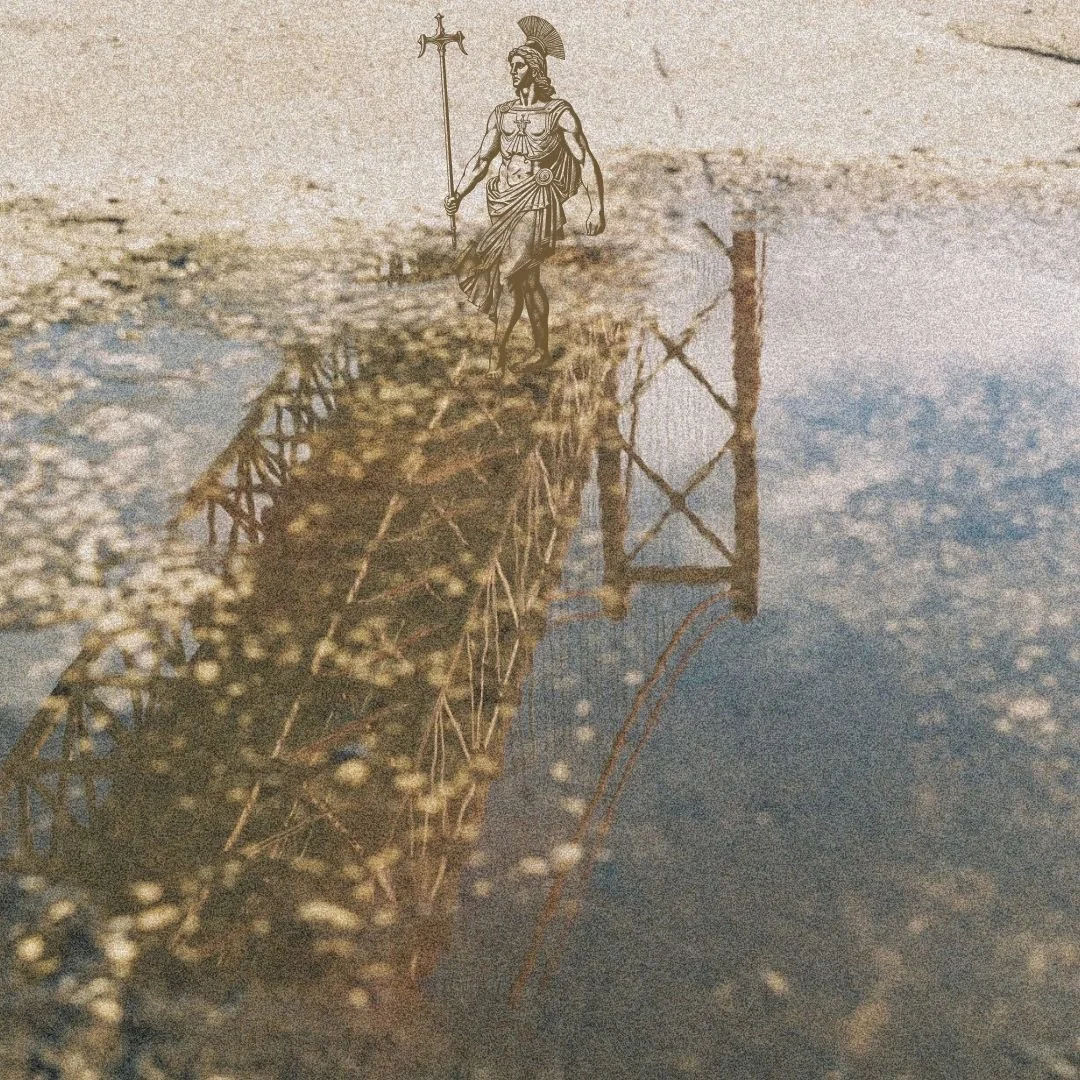 The greek god Hermes crossing a bridge that is a reflection in the water.