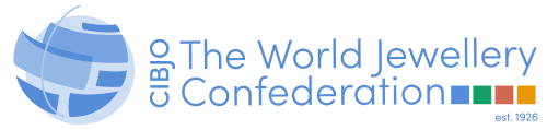 Logo of The World Jewellery Confederation, featuring a blue globe with gridlines and the organization's name alongside the initials CIBJO.