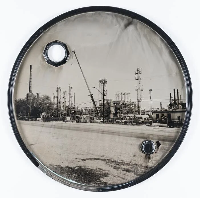 David Emitt Adams, “Age Refining and Manufacturing, San Antonio, TX,” 2018. Wet Plate Collodion Tintype on 55 Gallon Steel Drum Lid, 23.5 inches in diameter
