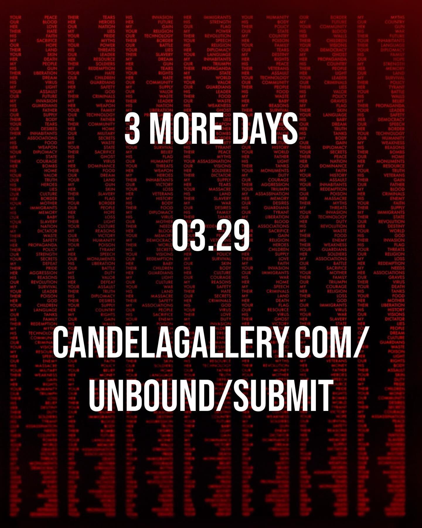 The deadline for this year&rsquo;s UnBound! submissions is swiftly approaching. Be sure to have your submissions in by the end of Friday, March 29. The exhibition will be on view July 5 - August 3.

UnBound! is typically the only open call we hold ea