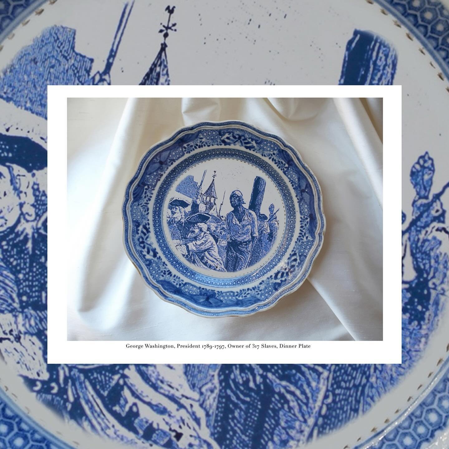 The presidential china reimagined by Kathleen Clark (@kathleenclarkphoto), featuring the first ten:

1. George Washington, President 1789-1797, Owner of 317 Slaves, Dinner Plate
2. John Adams, President, 1797-1801, Broken Treaties, Salad Plate
3. Tho