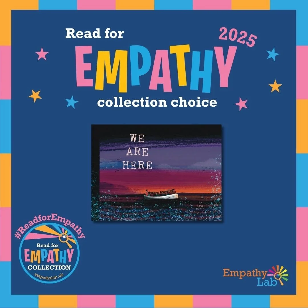 Book cover titled 'Read for Empathy collection choice 2025' featuring an illustration of a boat on water at sunset with the words 'We are here' written above.
