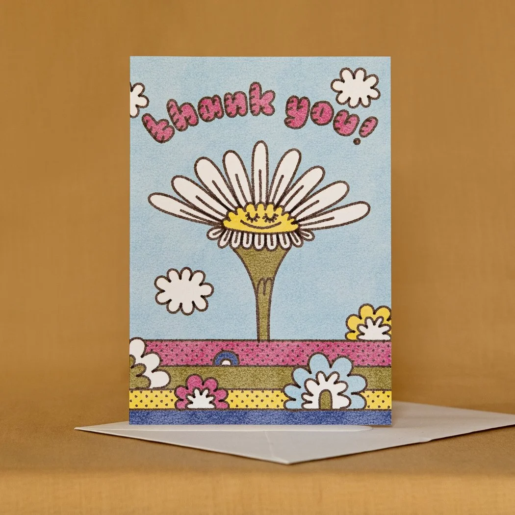  Thank You! 
A6 300gsm thank you card with matching off-white envelope.

 SKU:  RW04 TY DAISY
 WHOLESALE:  £8.40 per 6 unit pack (£1.40 per unit).
 RRP:  £3.00 per unit.