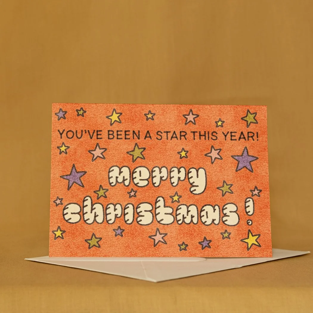  You've Been A Star This Year! 
A6 300gsm Christmas card with matching off-white envelope.

 SKU:  RW17 XMAS STAR
 WHOLESALE:  £8.40 per 6 unit pack (£1.40 per unit).
 RRP:  £3.00 per unit.