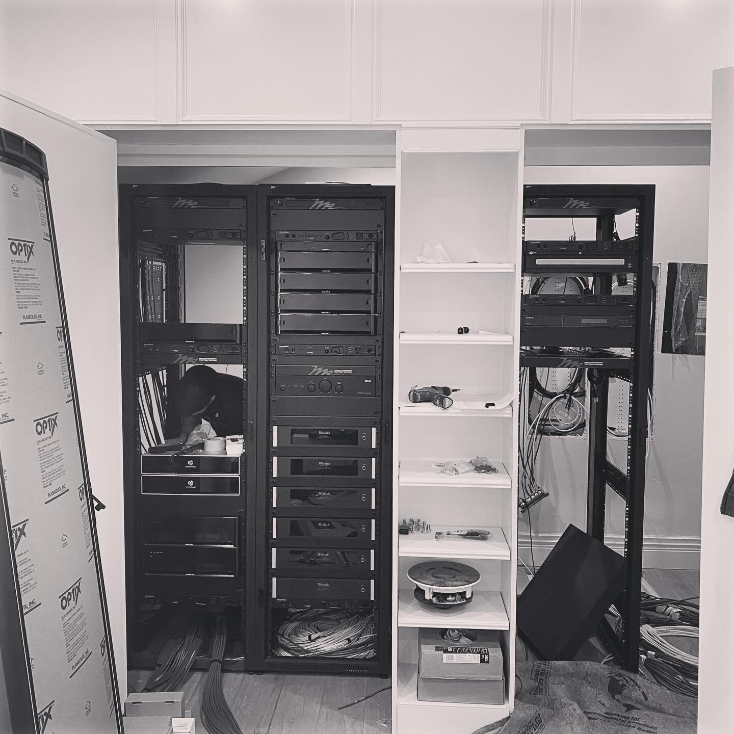 This home was a major remodel, and the owners provided the A/V equipment a premium space: a very large closet hidden away behind custom built-ins.&thinsp;
We began this project in the blissful month of February 2020&hellip;then COVID put this project