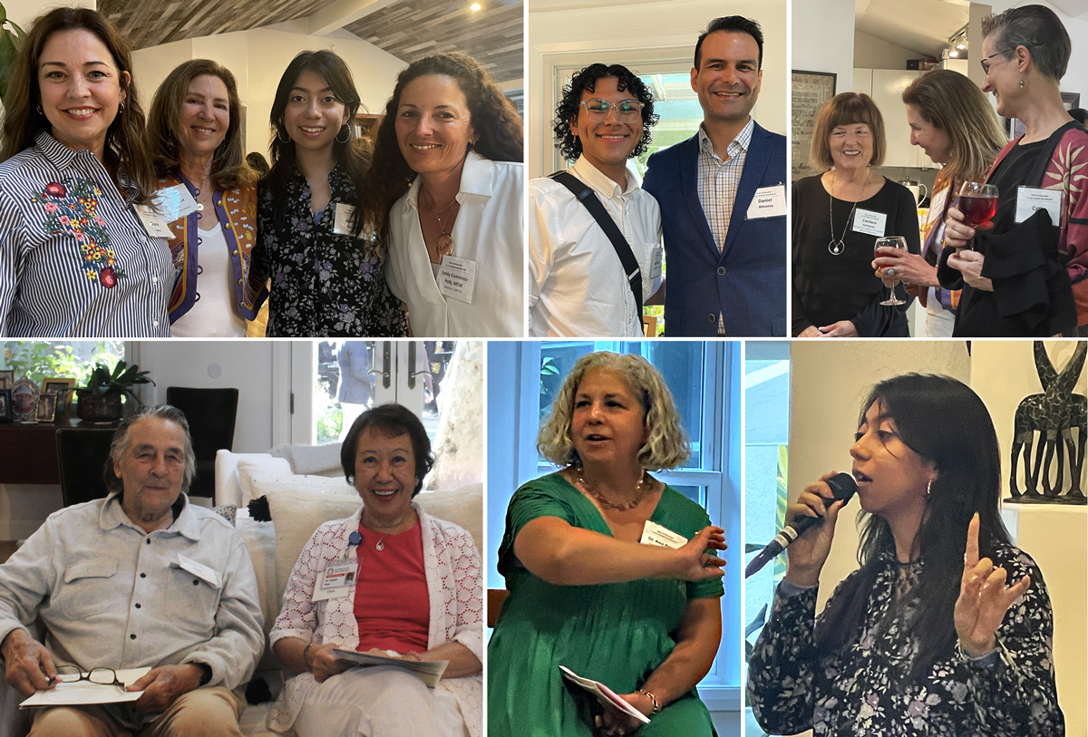   Top row, left to right:  Diane Lane (GetLit), Susan Saltz, Jasmine Minchez, Emily Cummins-Polk; Axel Perez, Daniel Almanza (Simply Wholehearted); Candace Semigran, Susan Saltz, and guest;  Bottom row, left to right : Paul Cummins (Crossroads and New Roads schools), Yvonne Chan (LACOE); Ana Ponce; Jasmine Minchez during her performance 