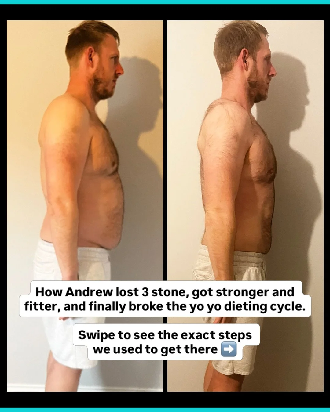 Andrew lost 3 stone, but that&rsquo;s not the real win.

The real win is he stopped yo yo dieting and the routine became normal.

He didn&rsquo;t do it with a better diet.

He did it because we removed the on off switch.

For years the pattern was th