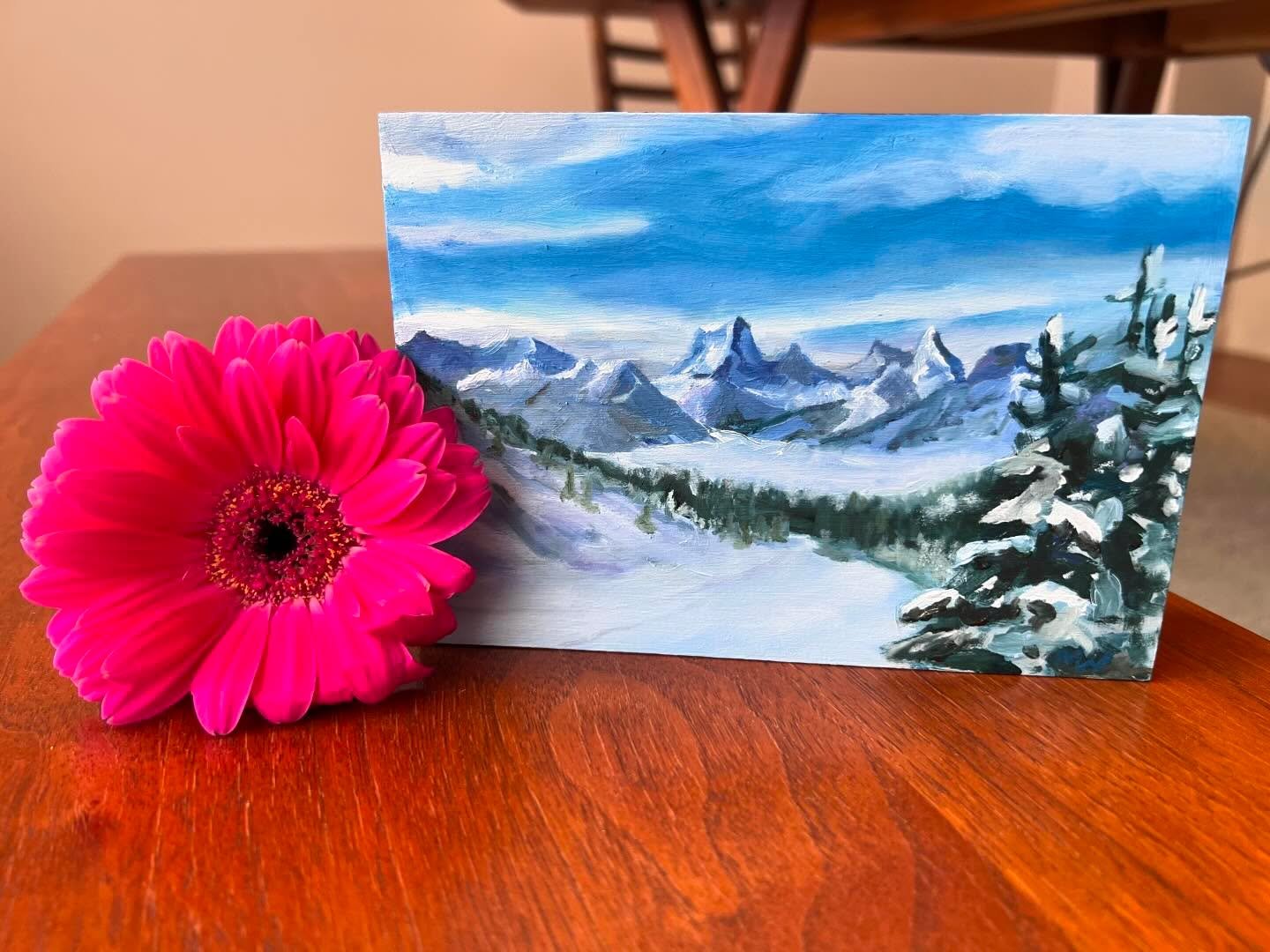After painting a red brick house and laundry line on a mini, I decided to paint an epic mountain landscape, on an even smaller panel. I can&rsquo;t say I&rsquo;m motivated to go much smaller than this, even though I really relish the irony of scale. 