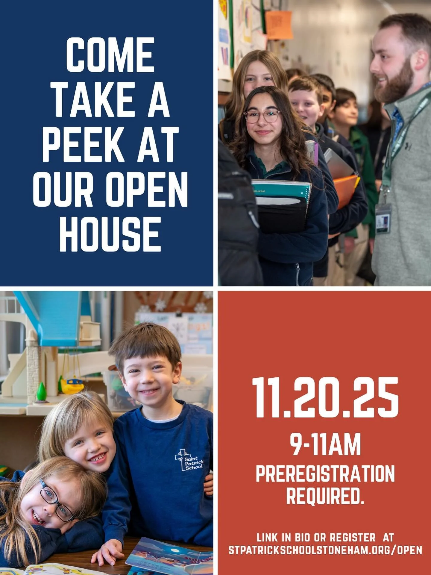 Join us Thursday, November 20 for our first open house of the year. Preregistration is required. (Link in bio or visit stpatrickschoolstoneham.org/open)
 
We can&rsquo;t wait to meet you!

#open #openhouse #catholicschool #school #middleschool #presc