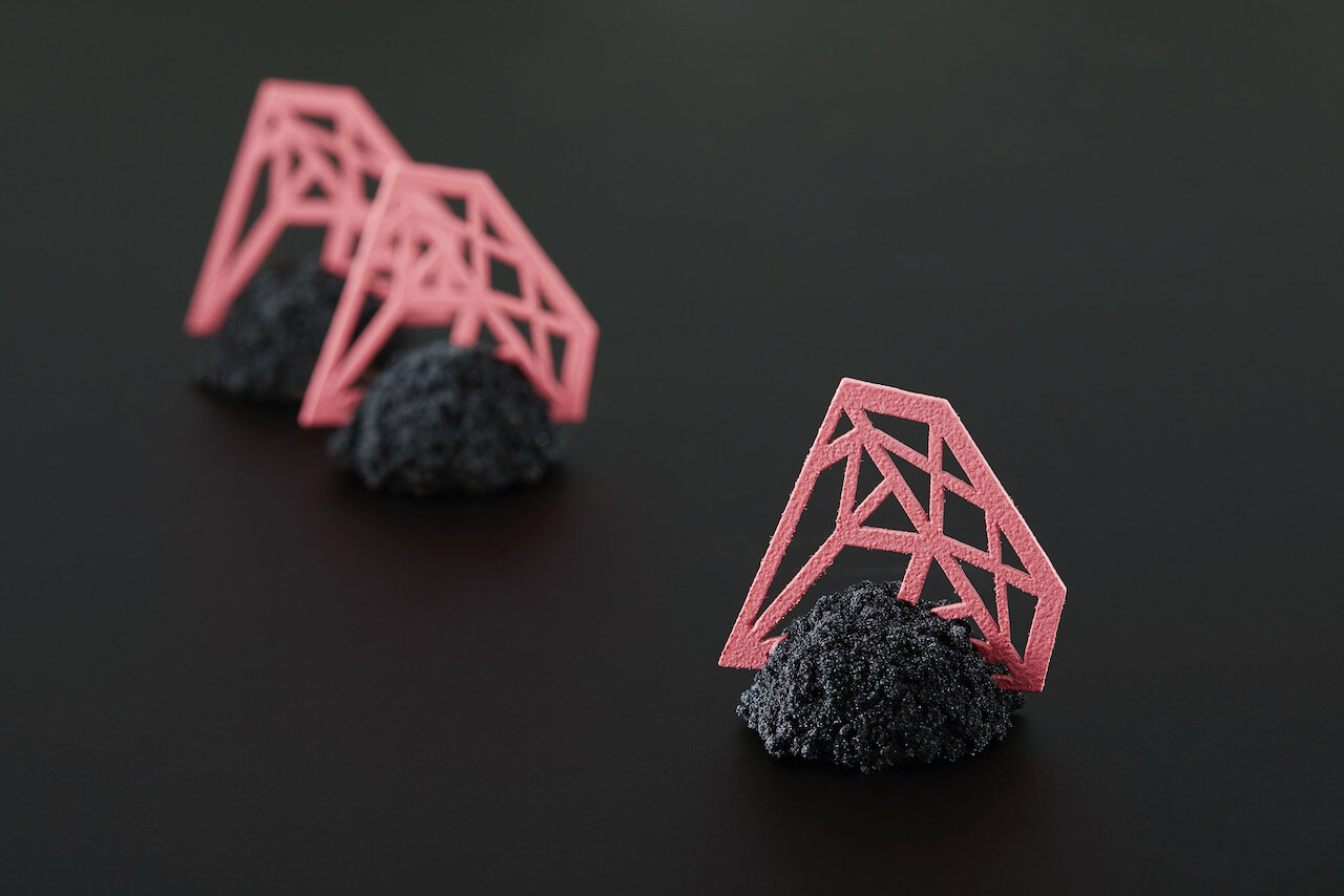 coconut and black sesame bonbon with ruby chocolate diamonds in the rough