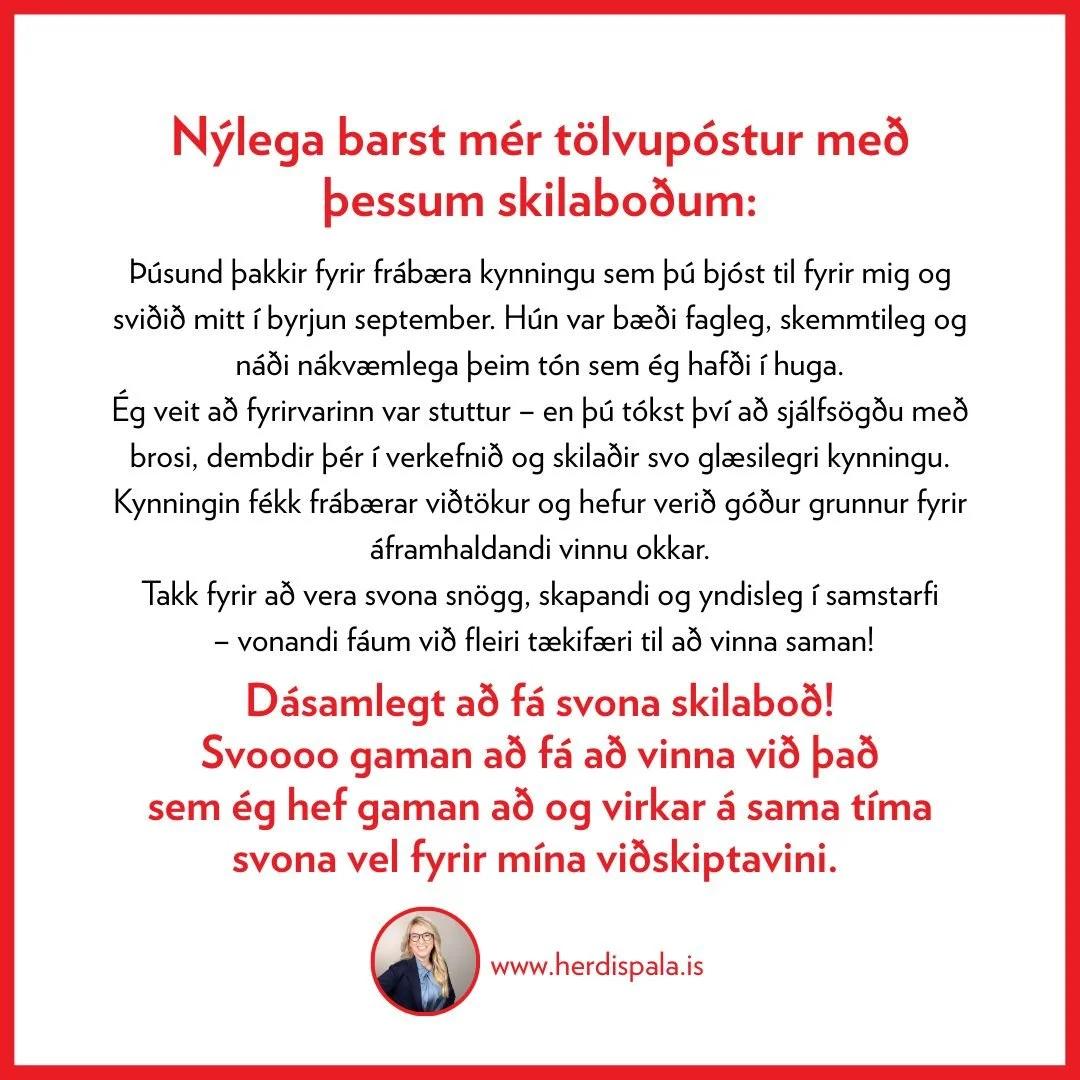Svoooo gaman a&eth; f&aacute; a&eth; vinna vi&eth; &thorn;a&eth; sem &eacute;g hef gaman af a&eth; gera og virkar &aacute; sama t&iacute;ma svona vel fyrir vi&eth;skiptavini m&iacute;na 😊 Meira inn &aacute; herdispala.is #fyrirlesari #fyrirlestur