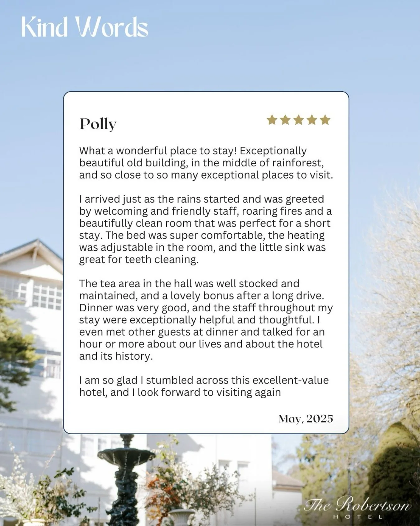 Thank you so much for this lovely description of your visit Polly. You really summed up the warmth and charm that we try to cultivate here. ☺️

#TheRobertsonHotel #TheRobertson #southernhighlands #robertsondiscovermore