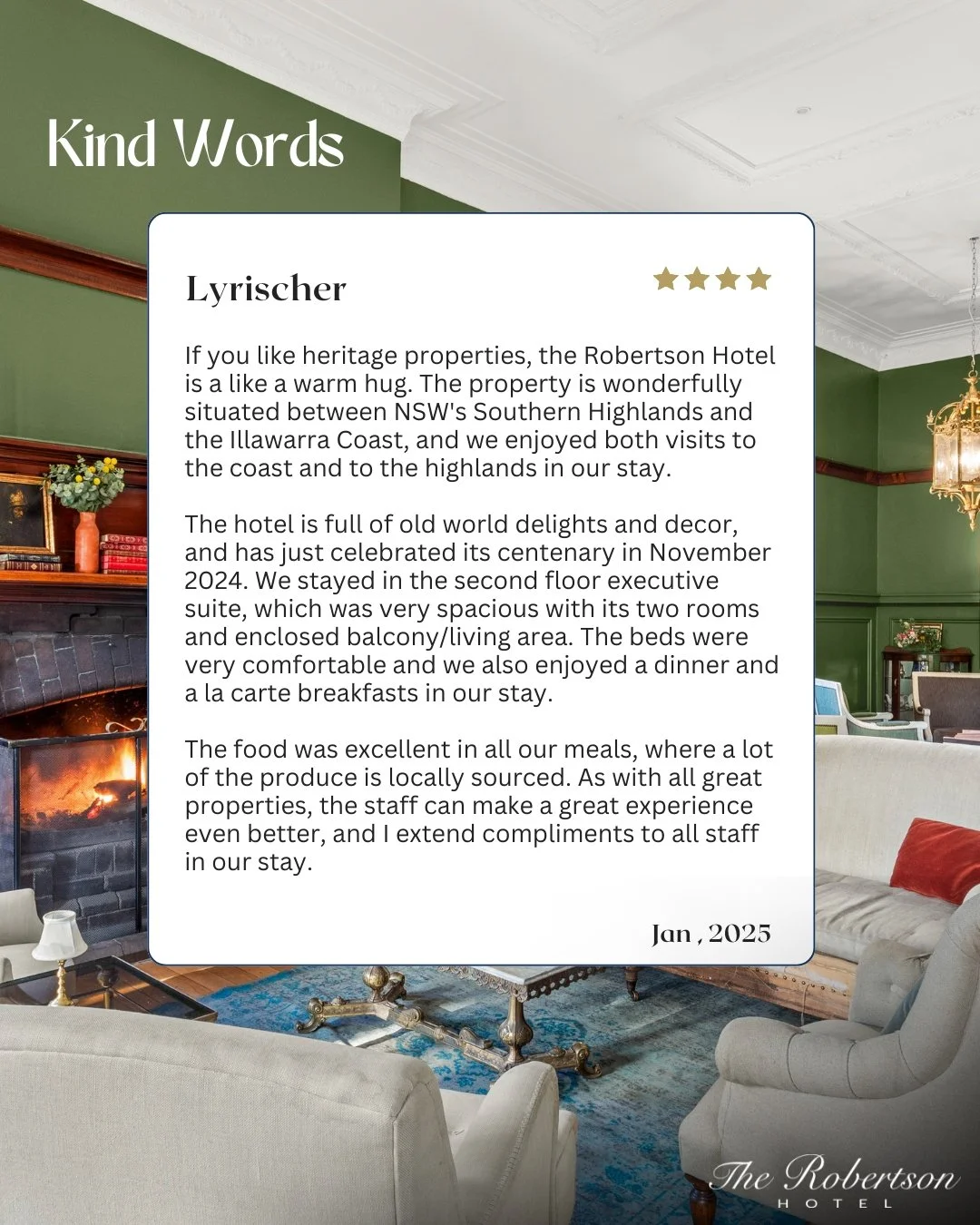 We love being described as a 'warm hug' 😊

Thank you Lyrischer for such a lovely description of where we are and what we do. 

#TheRobertsonHotel #TheRobertson #SouthernHighlands #SouthernHighlandsAccommodation #RobertsonDiscoverMore