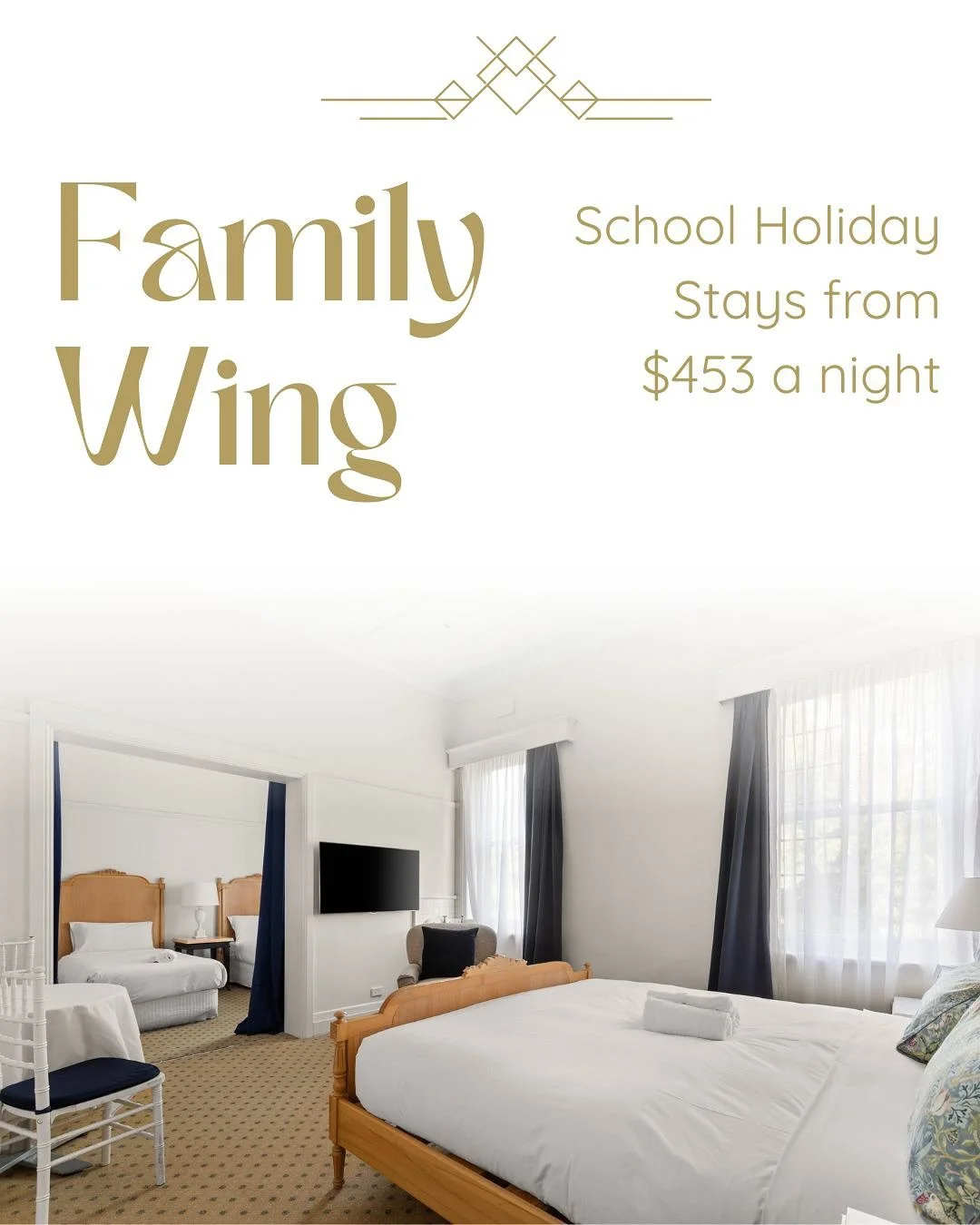 Looking for accommodation with the space of a holiday house but with the facilities of a hotel? We&rsquo;ve got you.

Our Family Wing can sleep up to 8 people (three king beds and two singles) and has enough room for everyone to spread out.

We&rsquo