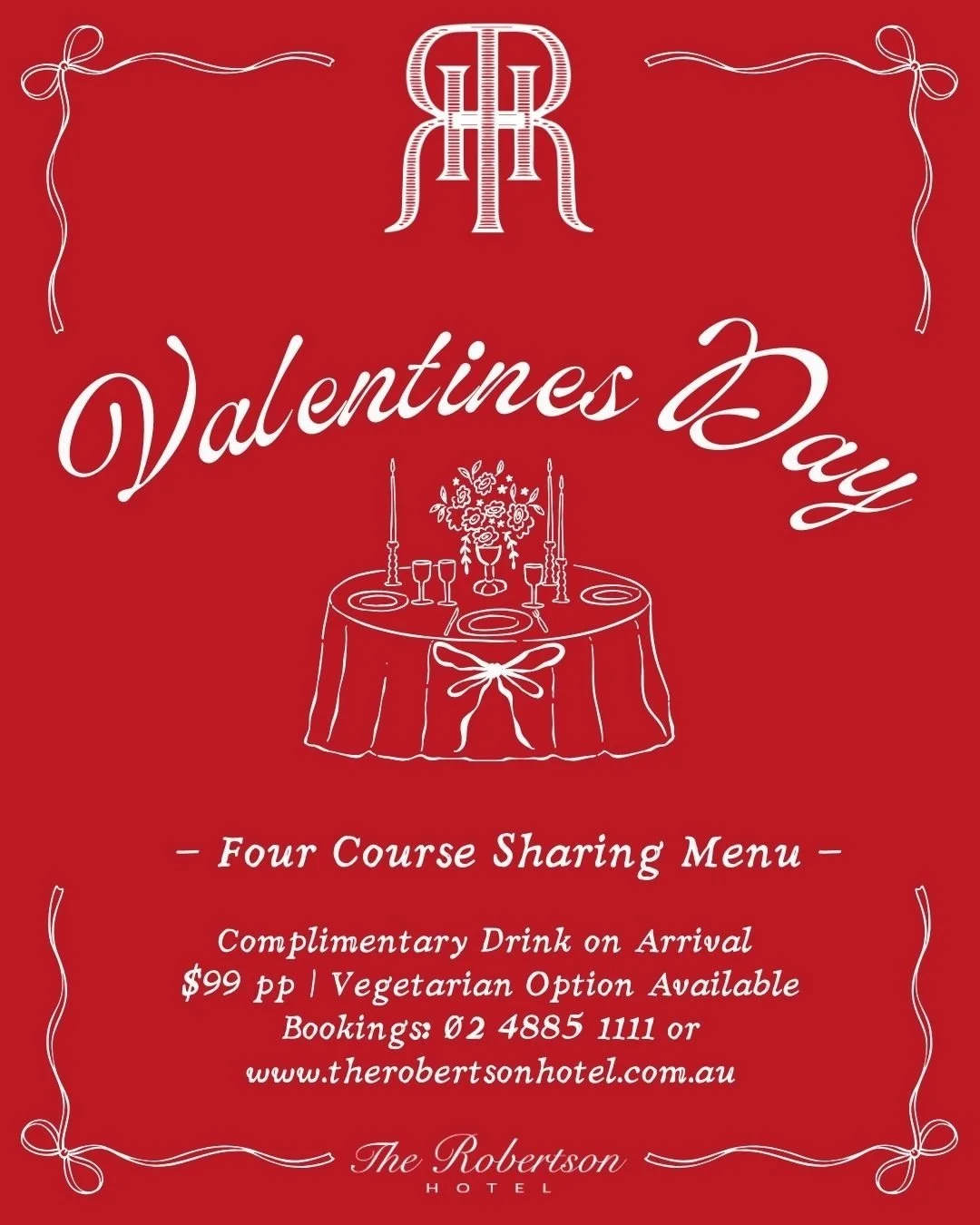 Join us this Valentines Day to celebrate your special someone. 

Enjoy a four course sharing menu curated by our head chef. ❤️

To see the menu and book head to our website.

#TheRobertsonHotel #TheRobertson #SouthernHighlandsNSW #ValentinesDay