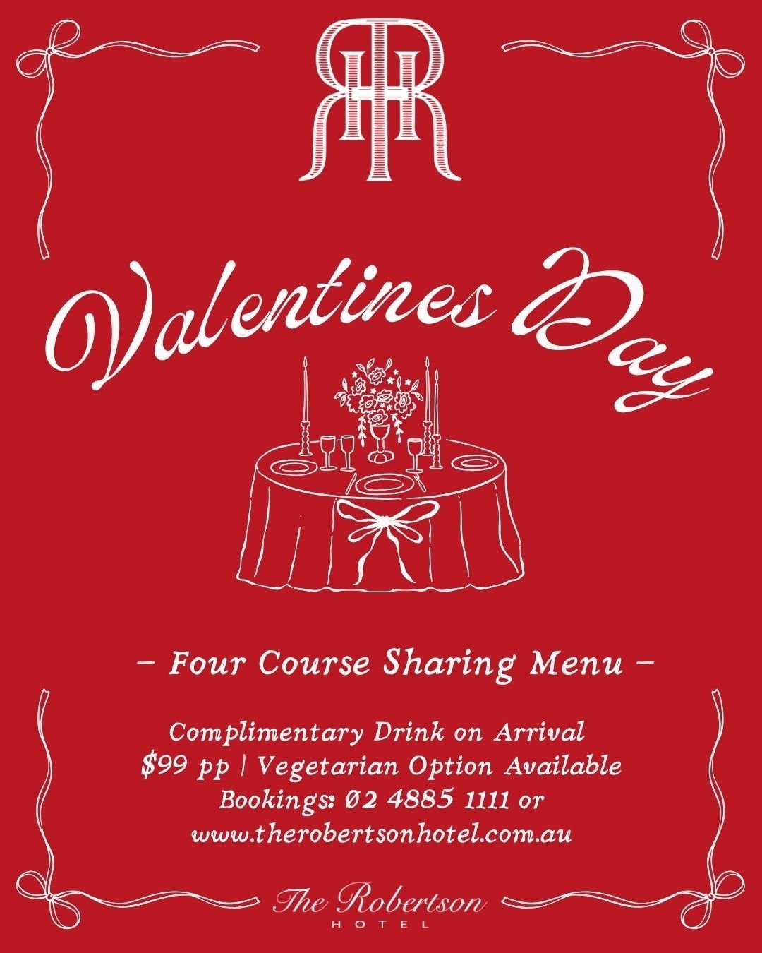 Join us this Valentines Day to celebrate your special someone. 

Enjoy a four course sharing menu curated by our head chef. ❤️

To see the menu and book head to our website.

#TheRobertsonHotel #TheRobertson #SouthernHighlandsNSW #ValentinesDay