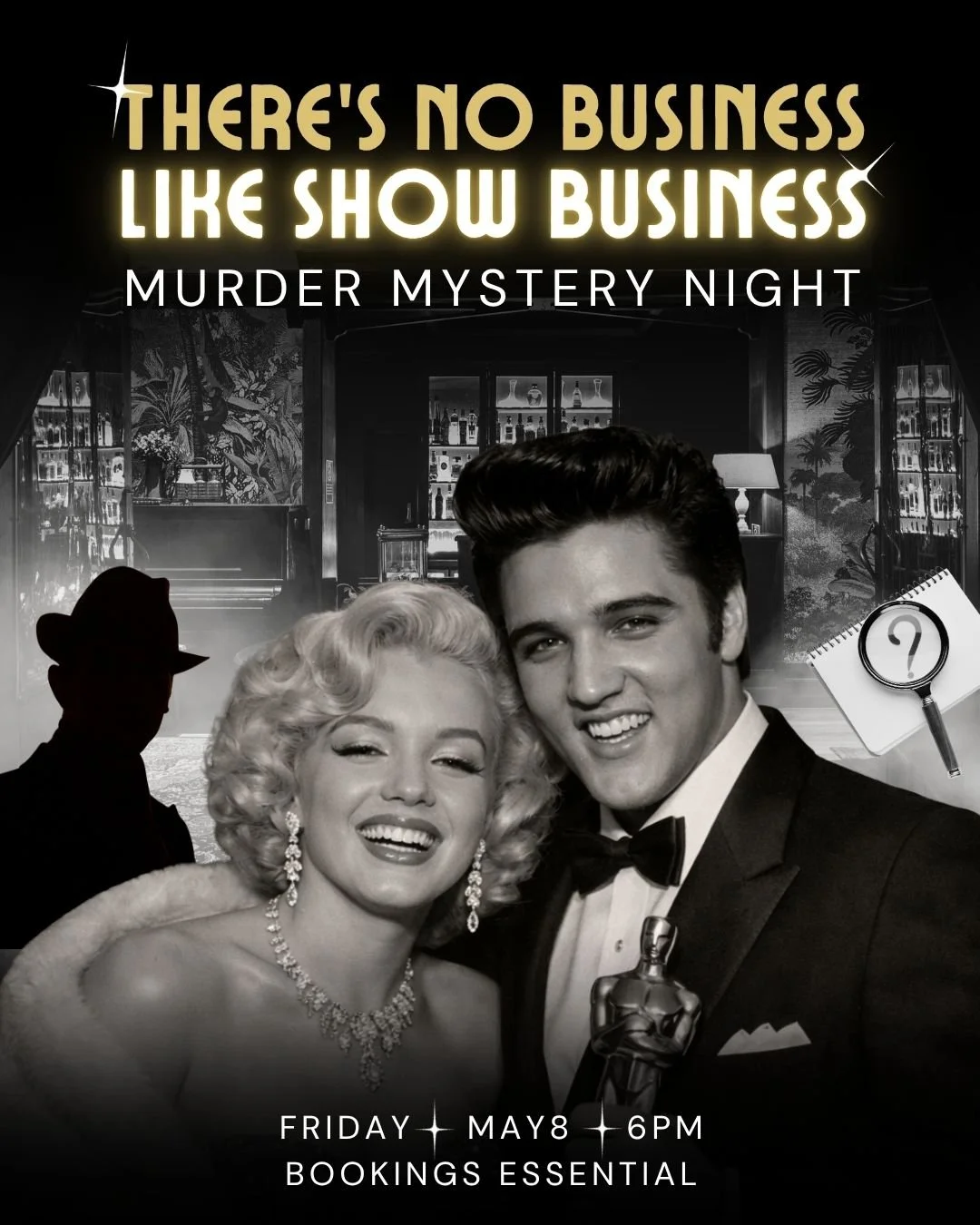Lights. Camera. Murder.

Join us on Friday May 8 for an unforgettable Murder Mystery Dinner &mdash; where the glamour of the 1950s Academy Awards meets a crime that must be solved.

Inspired by icons like Marilyn Monroe, Elvis Presley, and Groucho Ma