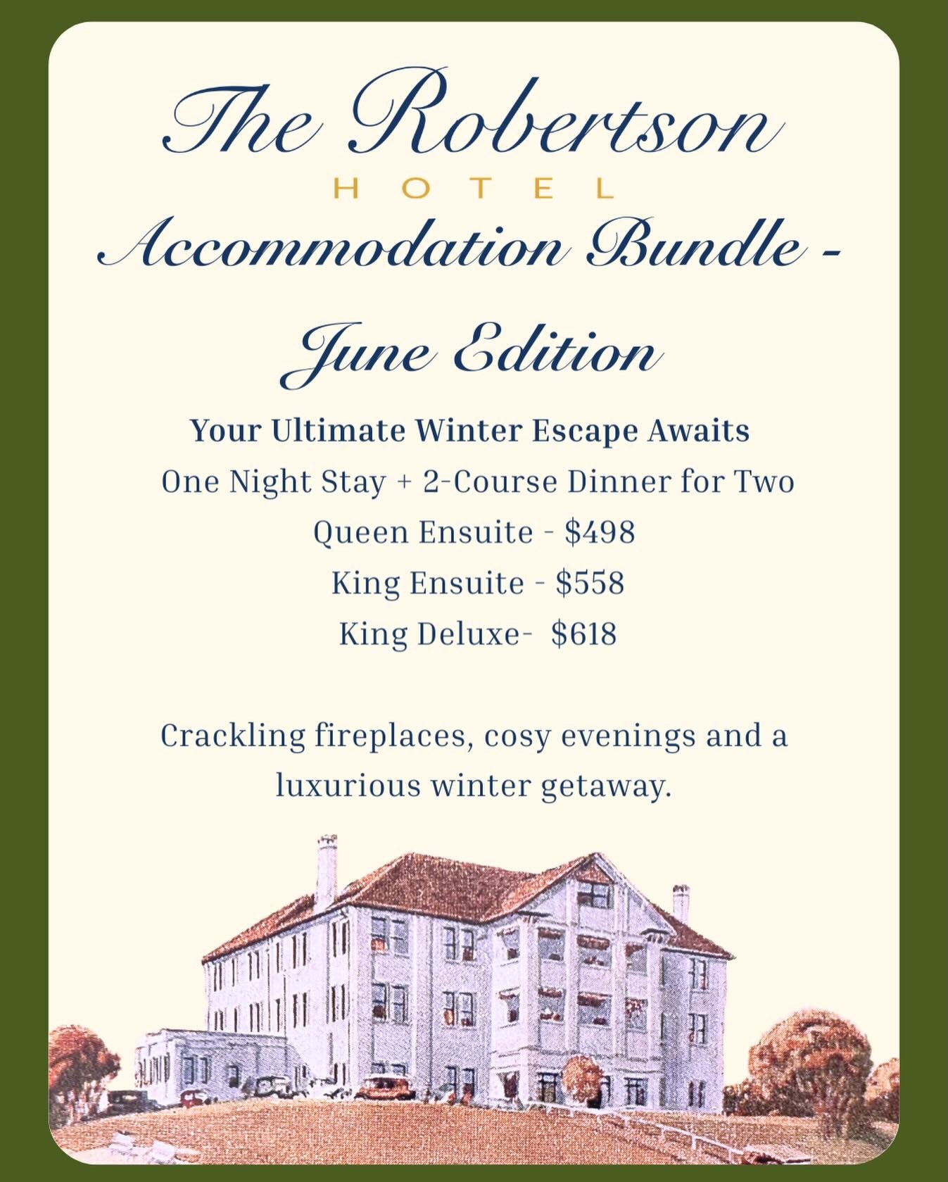 ❄️Escape to a cosy winter getaway this June at The Robertson Hotel.❄️
Enjoy a one-night stay paired with a delicious 2-course dinner for two, all set within our grand heritage hotel with roaring fireplaces, beautiful dining spaces, and the charm of t