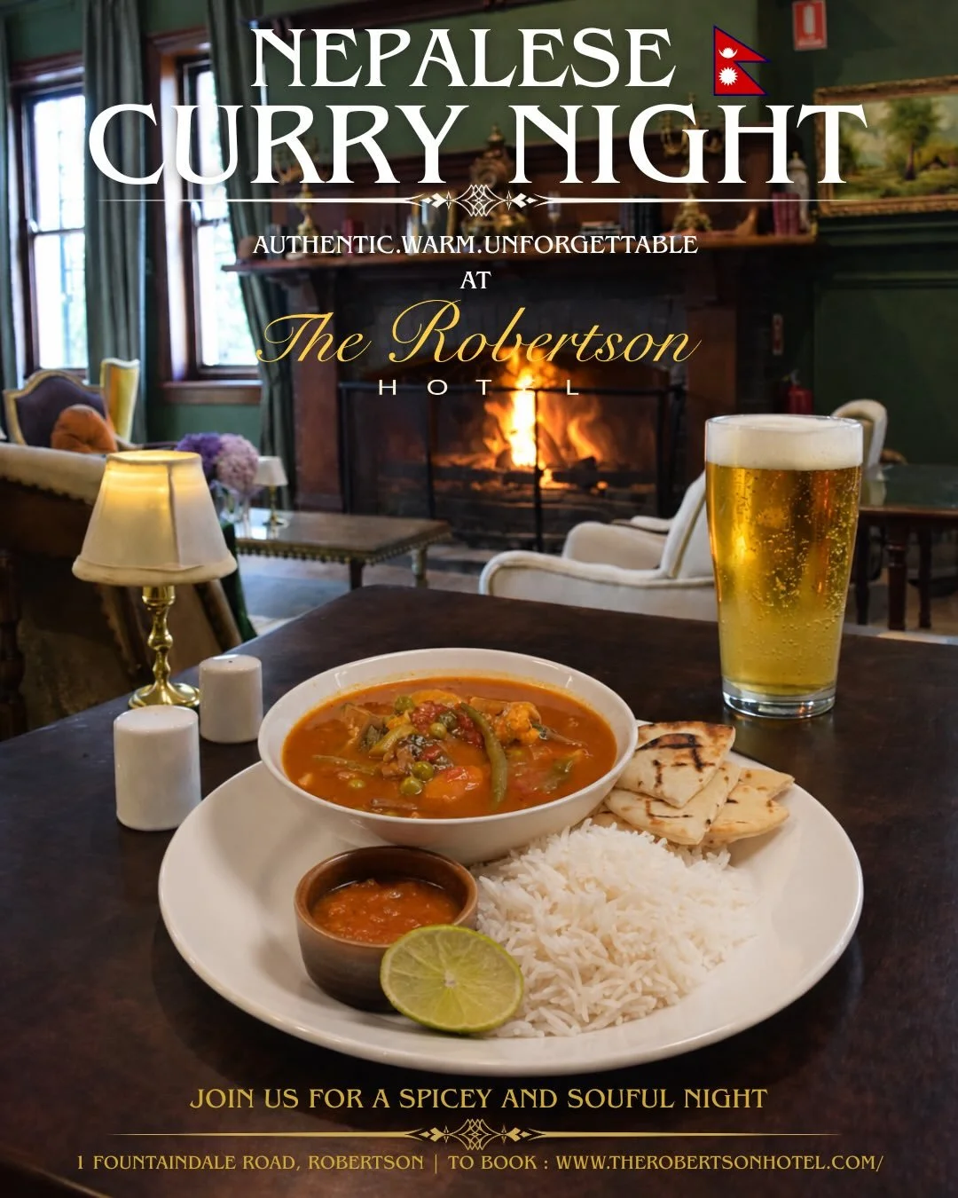 Nepalese Curry Night 🍛✨
From this Thursday onwards - join us for a night of authentic flavours, warming spices, and delicious curries.
Book online through our website www.therobertsonhotel.com
