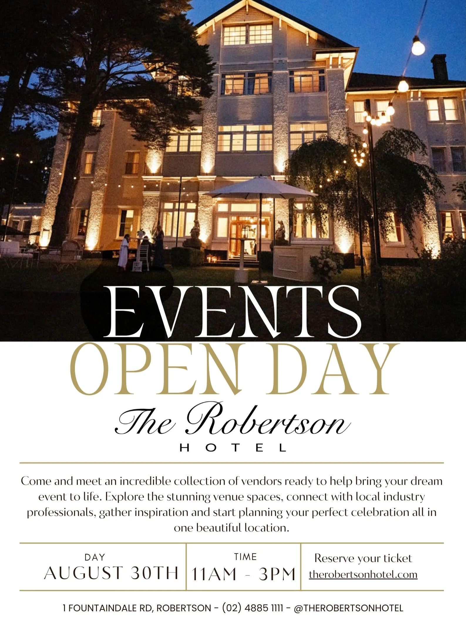 ✨ THE ROBERTSON HOTEL OPEN DAY ✨
Dreaming of your next wedding, celebration, corporate event, or special occasion? Join us at The Robertson Hotel Open Day and discover everything you need to bring your vision to life.
📅 Sunday, 30th August 2026 ⏰ 11