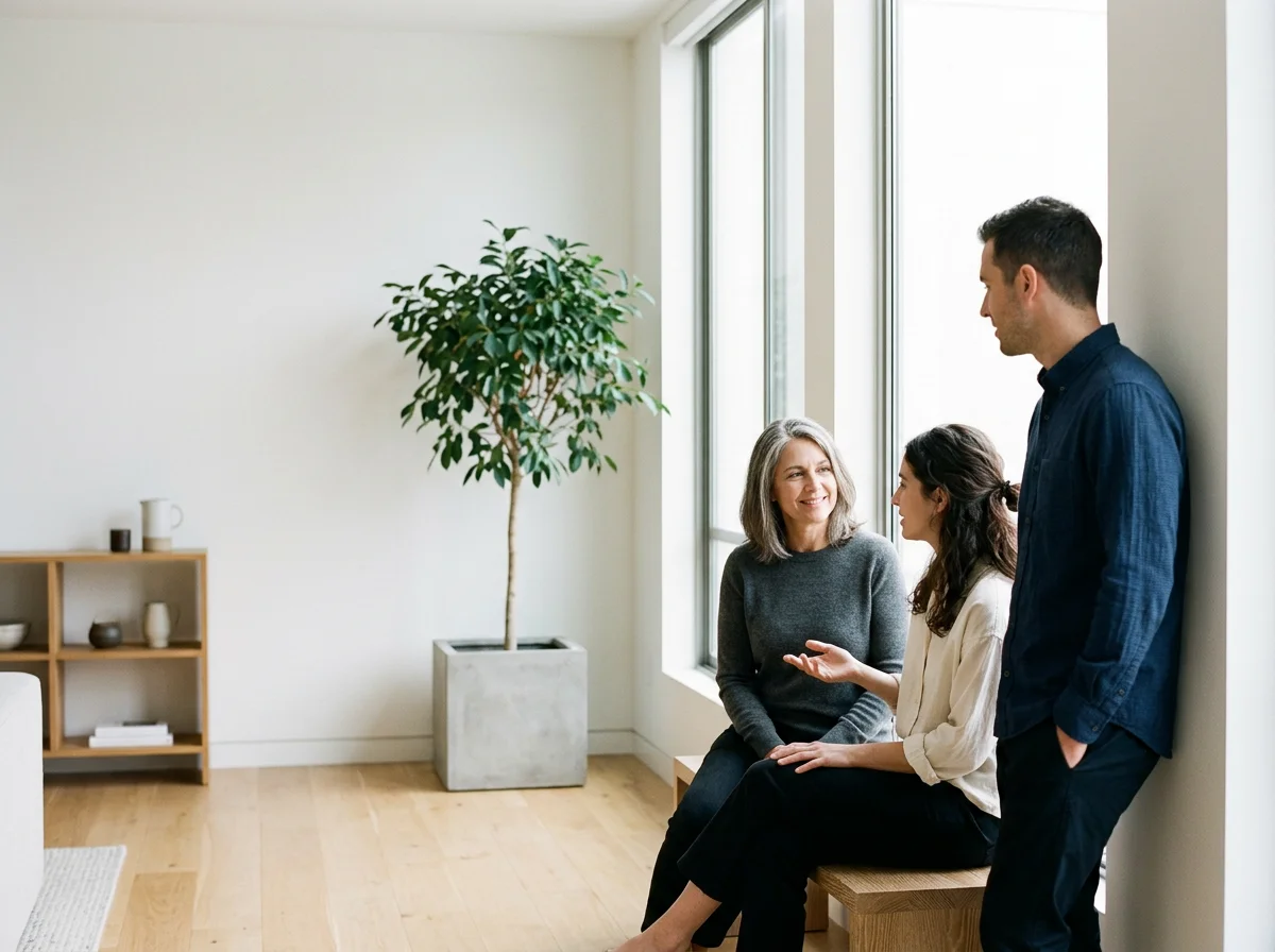 Three people conversing in a bright, minimalistic room with large windows, a potted plant, and a wooden shelf.