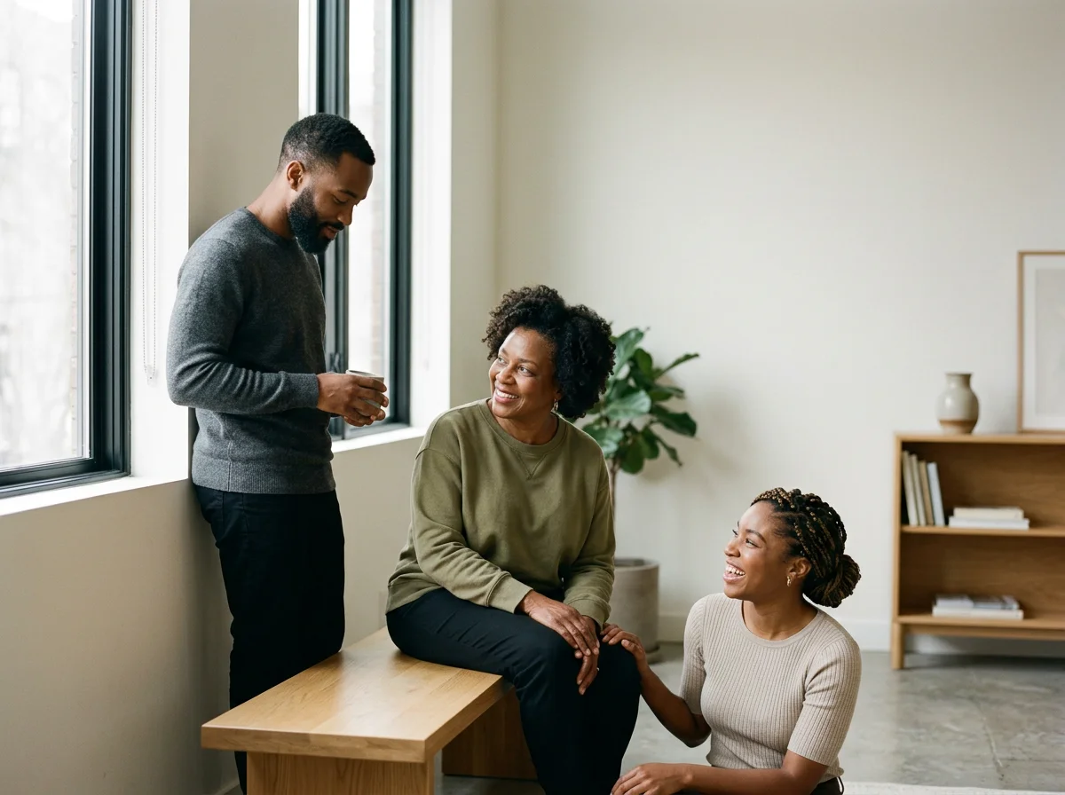 Two women and one man engaging in conversation in a bright, modern room. The woman in the middle, seated on a wooden bench, smiles and looks at the woman on the floor, who is kneeling and holding her hand. The man stands near the window, holding a cup and looking at