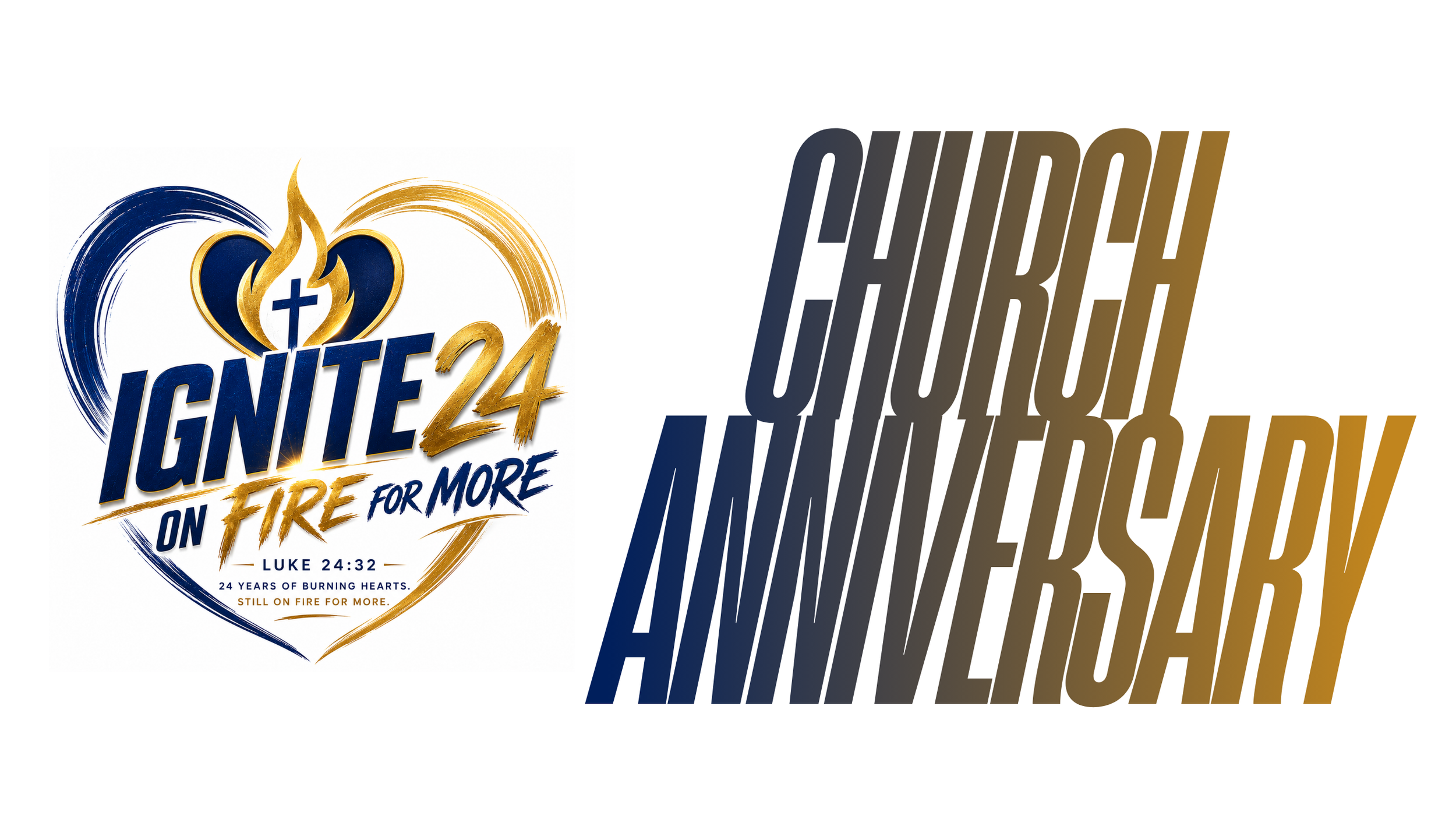 A logo for Ignite 24 on fire for more, featuring a heart with a cross inside and flames, with the text 'Luke 24:32' and '24 years of burning hearts, still on fire for more'.