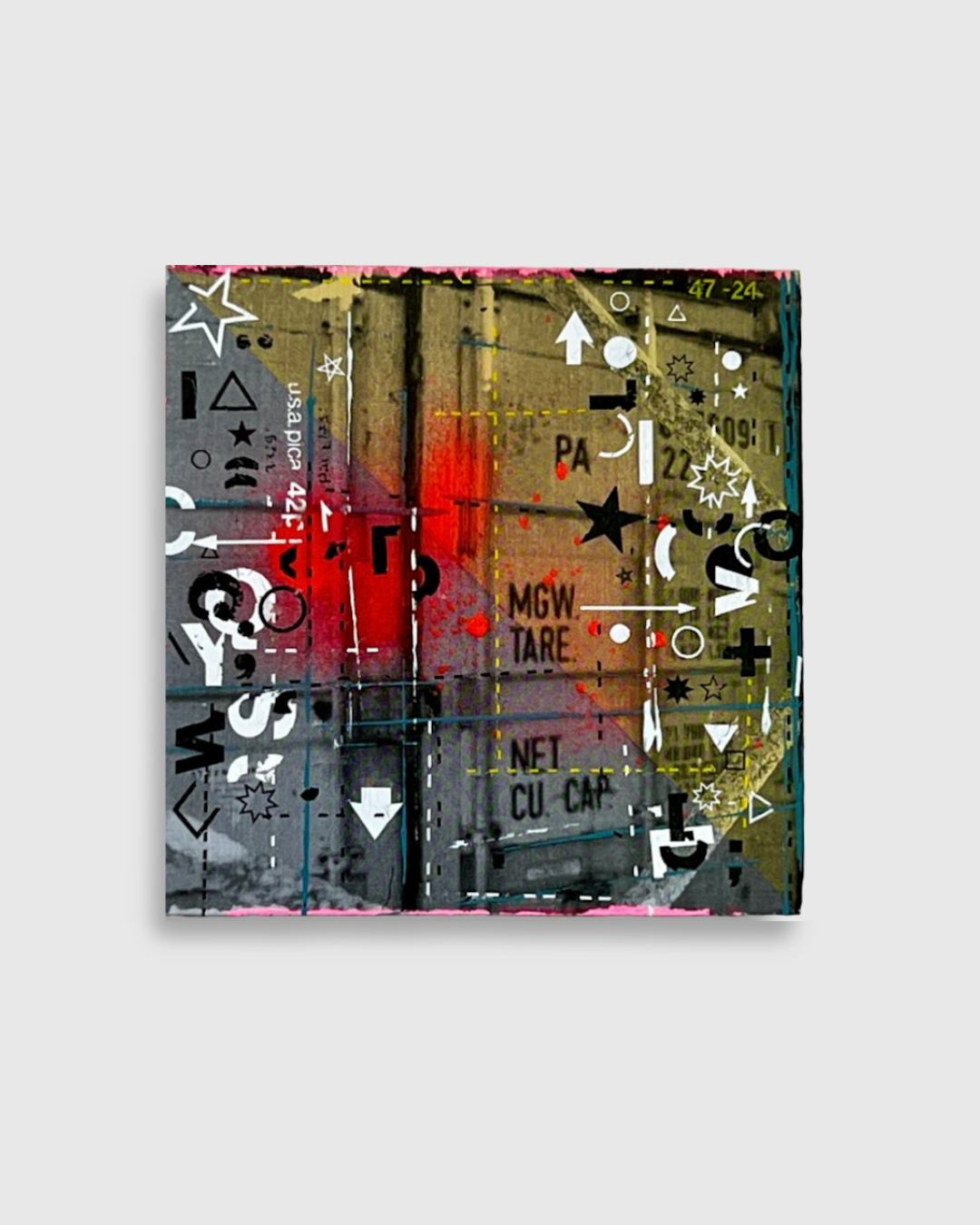 Mini Quest IV original mixed media painting by Zandra X, image transfer of shipping container at Ogden Point Shipyard Victoria BC, 4x4 inches, 2026