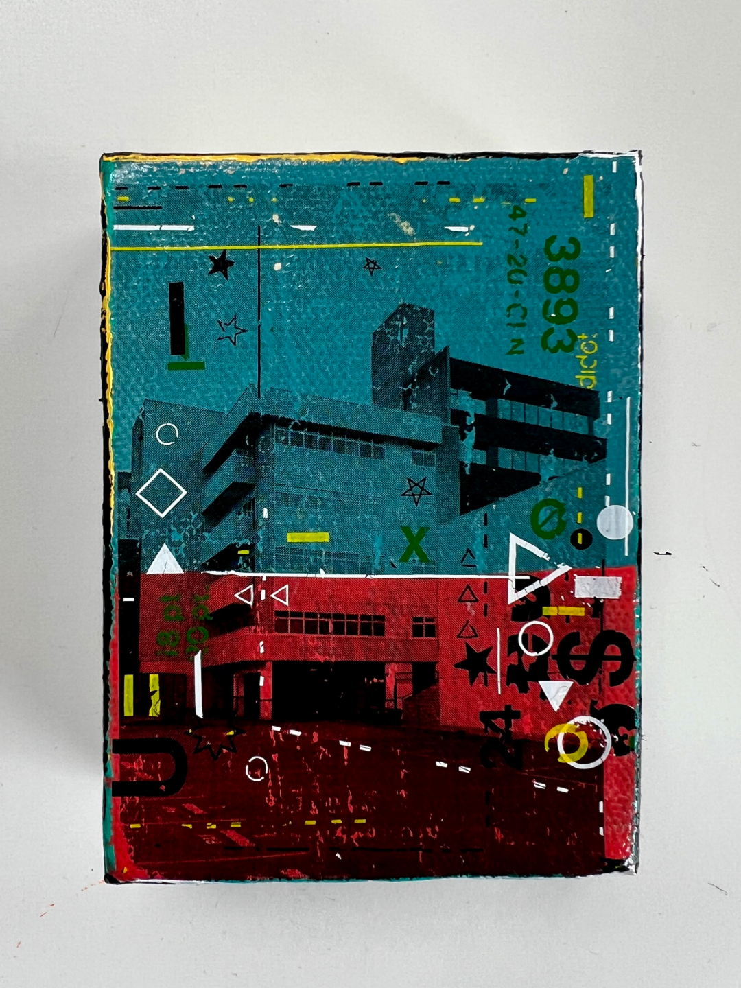 Mini Quest I original mixed media painting by Zandra X, image transfer of Broughton Street Victoria BC office building, 3x4 inches, 2026