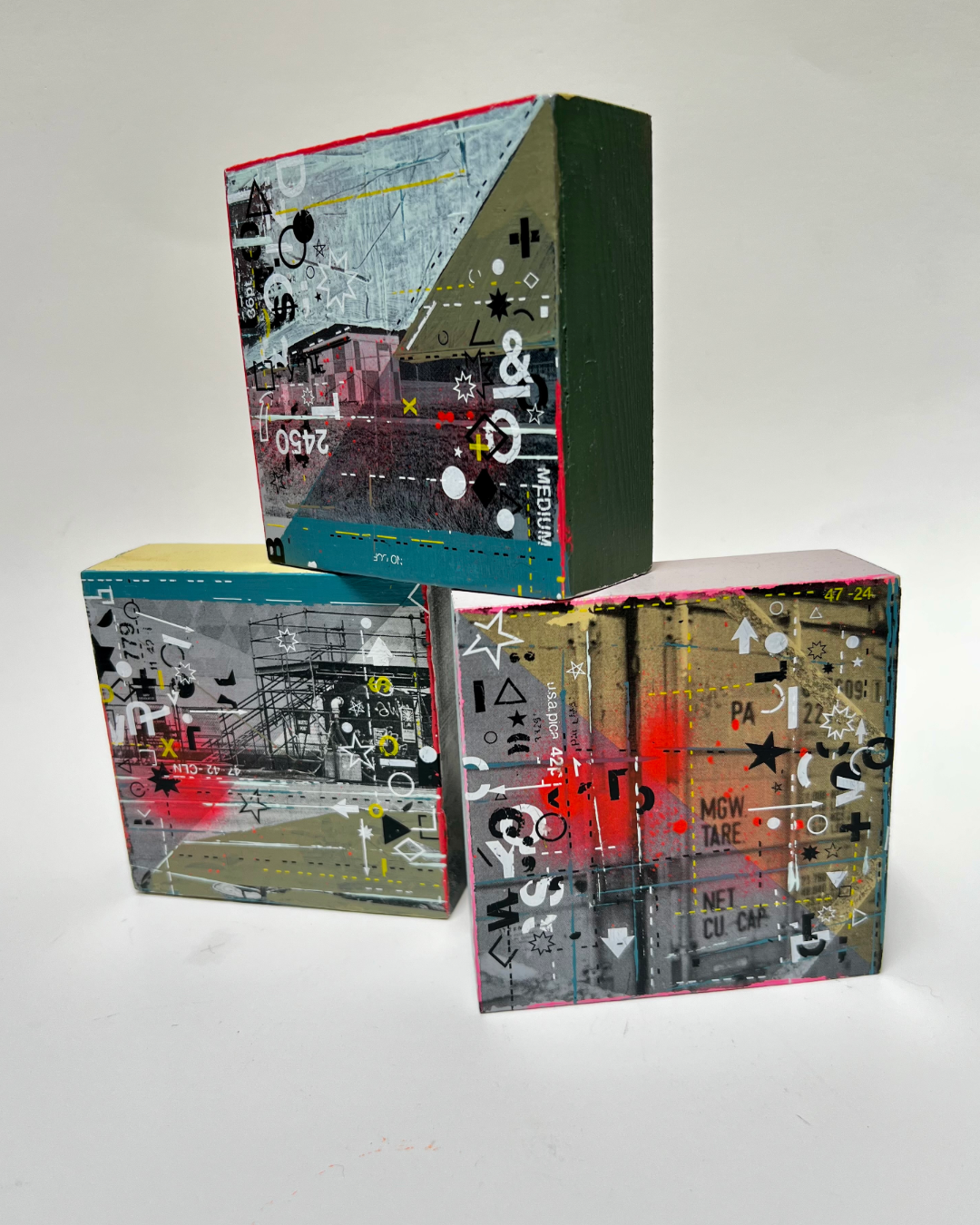 Mini Quest III, IV and V original mixed media paintings by Zandra X, set of three 4x4 image transfer miniatures, Victoria BC, 2026