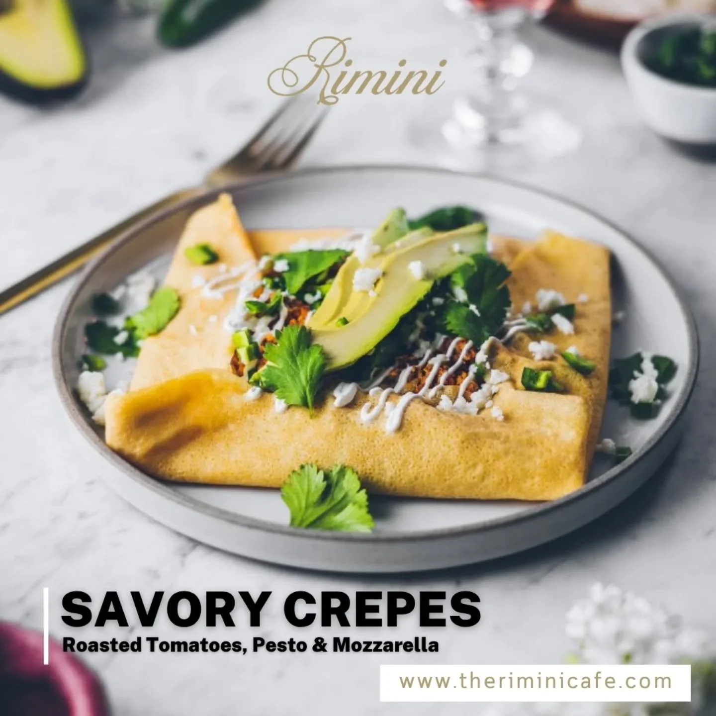 Savory Perfection Awaits ✨
 Indulge in our Savory Crepes filled with roasted tomatoes, creamy mozzarella, and rich, flavorful pesto. 🧀 A bite of comfort, a touch of elegance&mdash;crafted just for you at The Rimini Caf&eacute;. 

Hungry yet? CLICK L