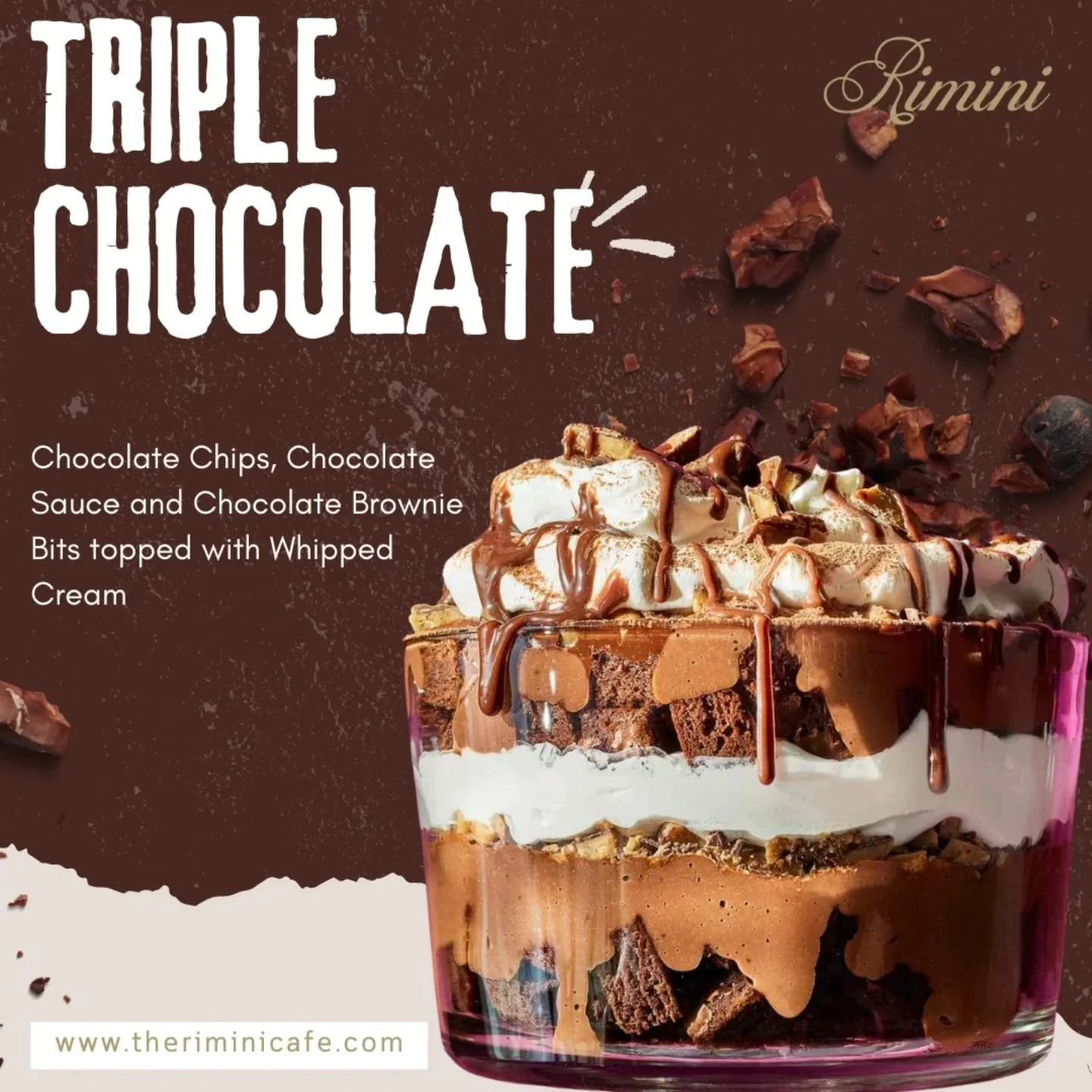 Triple Chocolate Bliss! ✨
Indulge in the ultimate chocolate lover&rsquo;s dream &mdash; rich Chocolate Chips, velvety Chocolate Sauce, and decadent Chocolate Brownie Bits, all topped with fluffy Whipped Cream! 🍰

One bite, and you&rsquo;ll melt into