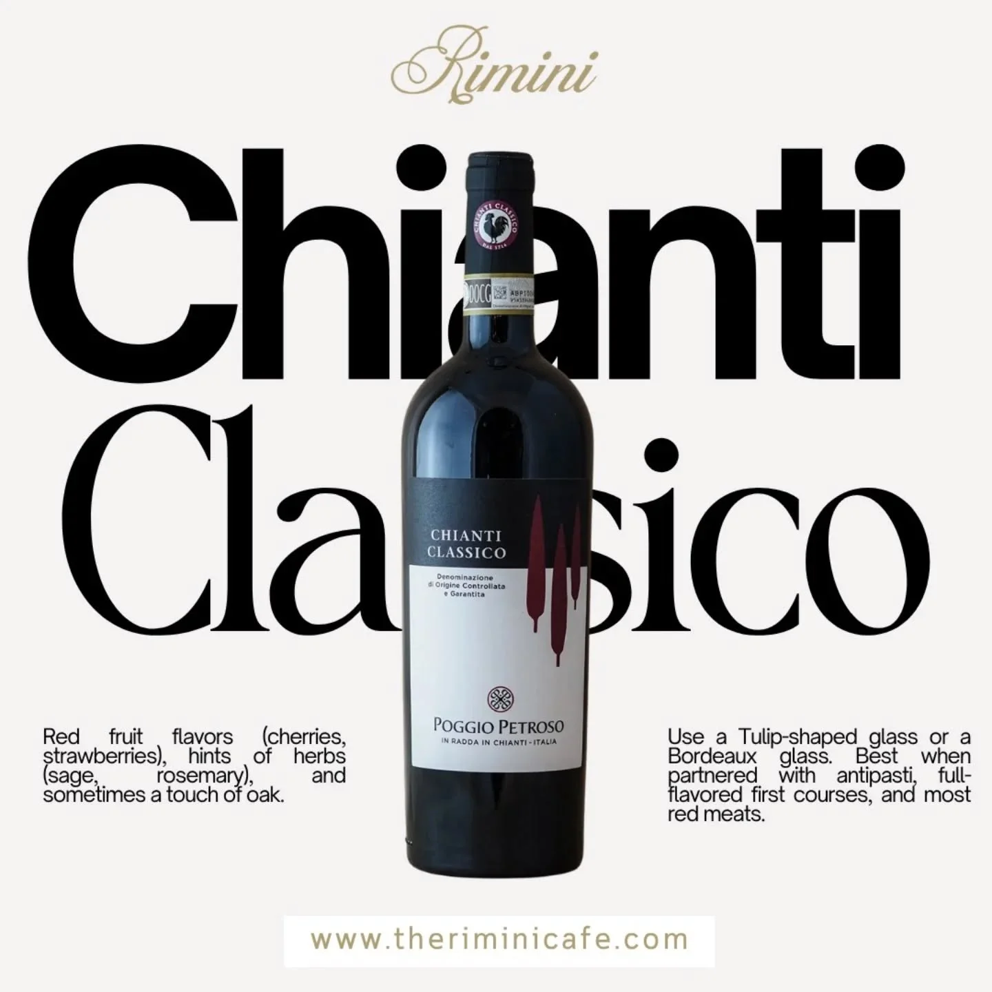 Savor the Elegance of Classico Chianti 🇮🇹
 Experience the perfect balance of red fruit flavors &mdash; cherries , strawberries 🍓 &mdash; blended with aromatic hints of sage and rosemary, and a delicate touch of oak ✨
Best enjoyed in a Tulip-shaped