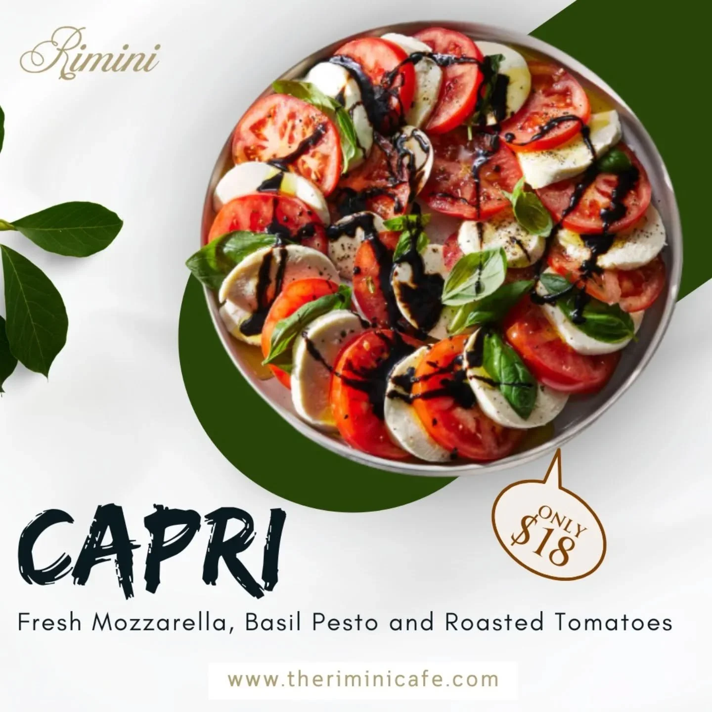 Capri &mdash; A Taste of Italy on Your Plate! 🇮🇹
 Savor the freshness of mozzarella, the aroma of basil pesto, and the sweetness of roasted tomatoes &mdash; all perfectly crafted for your delight. 😋
 Only $18 at The Rimini Caf&eacute; &mdash; wher