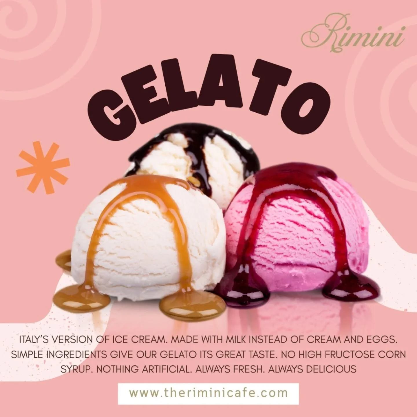 Authentic Italian Gelato — Always Fresh. Always Delicious. 🇮🇹✨
 Italy’s version of ice cream — crafted with milk instead of cream and eggs for a smooth, rich texture you’ll love. 💛
✅ No high fructose corn syrup
 ✅ Nothing a